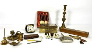 A group of assorted brassware and ephemera, including a 19th century ejector candlestick; a