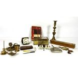 A group of assorted brassware and ephemera, including a 19th century ejector candlestick; a