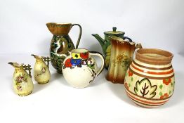 A group of six assorted jugs, and a decorative coffee pot, painted with bananas (7)