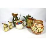 A group of six assorted jugs, and a decorative coffee pot, painted with bananas (7)