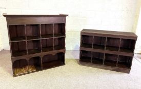 A vintage bookcase or collectors display case, with turned pillar supports and open niches, 130cm