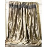 Two pairs of large gold bronze interlined curtains, with decorative fringe L: 330cm W:159cm