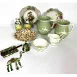 An assortment of ceramics, including a pair of Copeland celadon jugs, assorted vases and tea