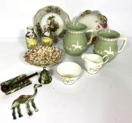 An assortment of ceramics, including a pair of Copeland celadon jugs, assorted vases and tea