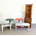 Two painted vintage bar tables; together with a coffee table, pine corner cabinet and a painted