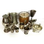 Assortment of silver and plated items, including an oak biscuit barrel; a quaich, a pair of silver