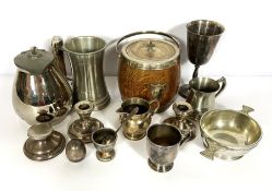 Assortment of silver and plated items, including an oak biscuit barrel; a quaich, a pair of silver