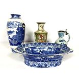 Assorted blue and white ceramics, including a Cauldon chestnut basket, decorated with a Classical