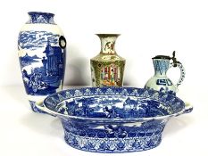 Assorted blue and white ceramics, including a Cauldon chestnut basket, decorated with a Classical