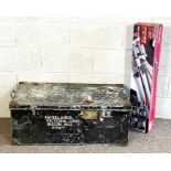 A large vintage black painted tin trunk; together with a boxed modern tile cutter (2)