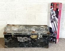 A large vintage black painted tin trunk; together with a boxed modern tile cutter (2)