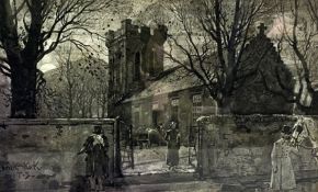 Tom Scott, Scottish (1854-1927), Ettrick Kirk, watercolour monochrome, signed in monogram LL: T.S