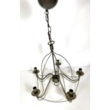 Two modern hanging light fittings, one with five lamps, suspended from a chain, 59cm diameter; the