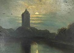 Herkis Hume Nisbet, Scottish (1849-1943), Smailholm Tower by Moonlight, Nocturne, oil on card,