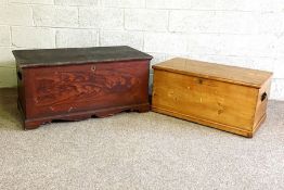 A large 19th century blanket chest, with hinged top, the interior with a candle box and two small