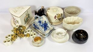 Assorted ceramics, including two cheese dishes and covers, a black ceramic cow creamer etc (a lot)