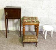 A small tapestry topped footstool, three smaller stools and a mahogany bedside pot cupboard 5)