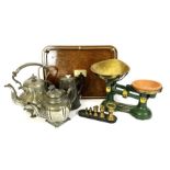 Assorted items, including a vintage set of scales, and weights, also a tea tray, and three pewter
