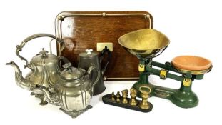 Assorted items, including a vintage set of scales, and weights, also a tea tray, and three pewter