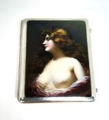 A fine French novelty silver and enamel card case, with nude portrait after Henri Rondel, French (