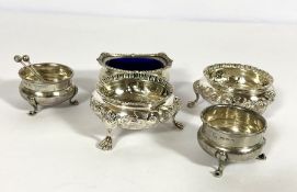 A pair of Georgian style Victorian silver salts, hallmarked London 1865, including liners; also a