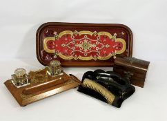 A Victorian beadwork decorated table sledge; together with a Victorian inkstand, a similar walnut