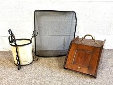 A vintage mahogany coal box, early 20th century; together with a spark guard and a hanging hall