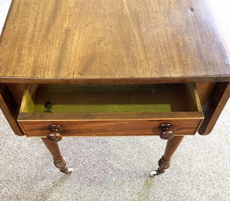 A mahogany Pembroke table, late 19th century, with a rounded drop leaf top, a single end drawer - Image 2 of 6