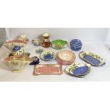 A box containing an assortment of Maling ceramics, including two scallop shell vases, assorted