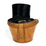 A fine vintage black silk top hat, by R.W Forsyth, Hatters, Edinburgh, in a leather case, the hat