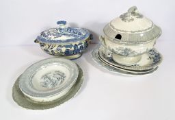 Assorted 19th century blue and white tureens; also a small group of Mazara pattern Ironstone