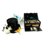 A small Victorian leather travelling necessaire vanity case, including assorted silver plate and