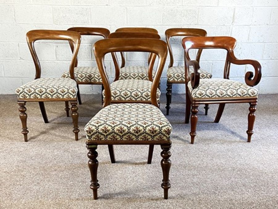 A set of six Victorian mahogany balloon backed dining chairs, and an associated armchair, mid 19th - Image 3 of 15