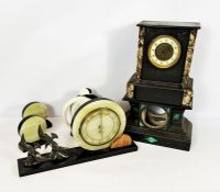 An Art Deco style green onyx and stone mantel clock, with two decorative birds in flight; also a