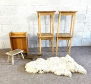 A set of four small oak square topped side tables; also a vintage elm and ash footstool, a boot