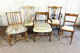 A group of five assorted chairs, including a Regency mahogany bar backed dining chair, and others