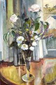 Anne Carrick, Scottish (1919-2005), Still life of Roses and Anemones in a glass vase, oil on canvas,