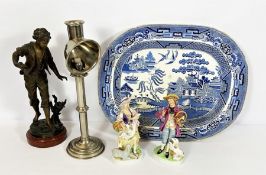 A pair of German porcelain figures of a Lady and Gallant; together with a 19th century blue and