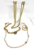 A quantity of yellow metal chains, including a watch chain, marked 18K (untested), 60cm long, 41g;