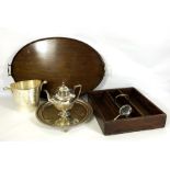 Assorted silver plate, including a tea tray and Victorian style teapot, also an ice bucket and two