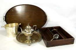 Assorted silver plate, including a tea tray and Victorian style teapot, also an ice bucket and two