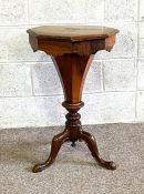 A Victorian walnut work table, circa 1860, with hinged inlaid top, opening to reveal sewing