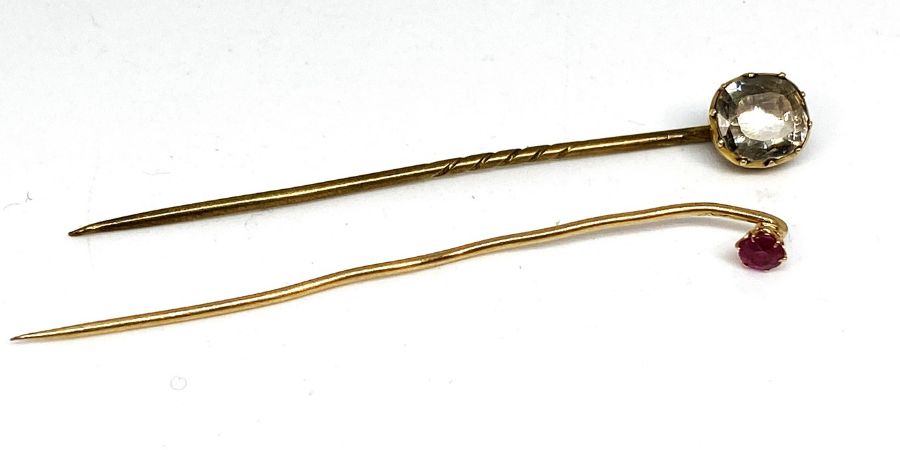 A ruby and gold stick pin, marks indistinct, with another stick pin (2) - Image 7 of 12