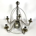 Two modern hanging light fittings, one with five lamps, suspended from a chain, 59cm diameter; the