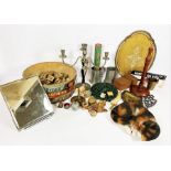 Assortment of toys and sundries, including a vintage set of Alphabet cubes, two pewter tankards