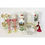 Assorted glassware, including a pair of Cranberry spill vases, assorted pressed and cut glass, and
