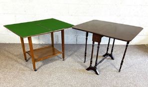 An Edwardian small Sutherland table, with rectangular drop leaf top on turned spindle supports; also