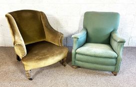 A vintage upholstered wing armchair, with dark green fabric; together with a vintage upholstered