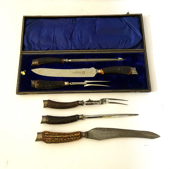 A Victorian cased Henry Elliot & Sons antler handled carving set, circa 1900, with carving knife, - Image 4 of 6