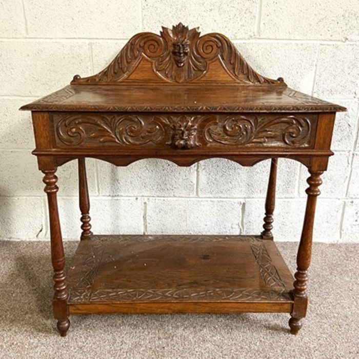 A late Victorian Jacobean style oak hall table, with gallery back and single drawer, carved with - Image 2 of 6